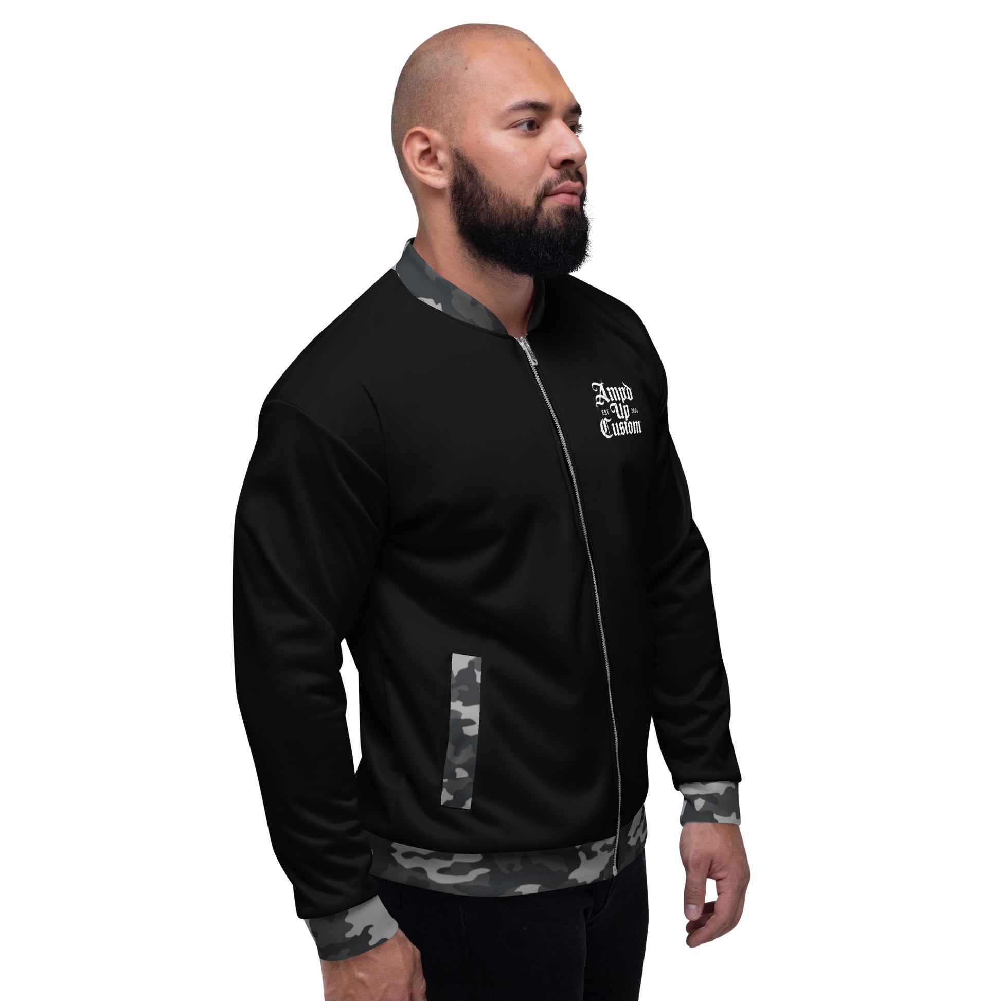 Amp'd Up Custom Bomber Jacket in Black with Camo Trim and Stylish Design for Men