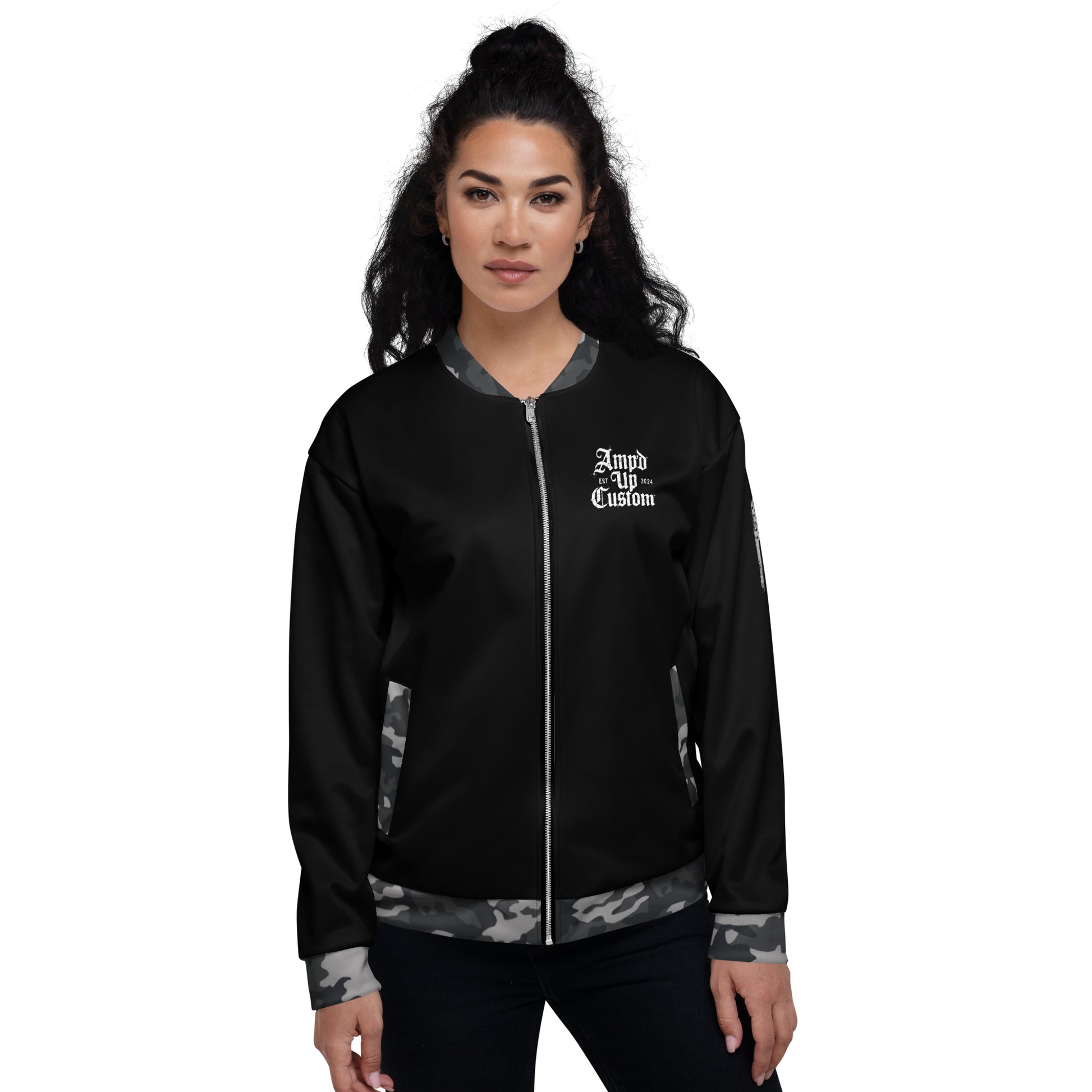 Amp'd Up Custom Bomber Jacket in Black with Camo Sleeves and Modern Style for Women