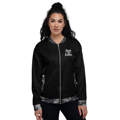 Amp'd Up Custom Bomber Jacket in Black with Camo Sleeves and Modern Style for Women