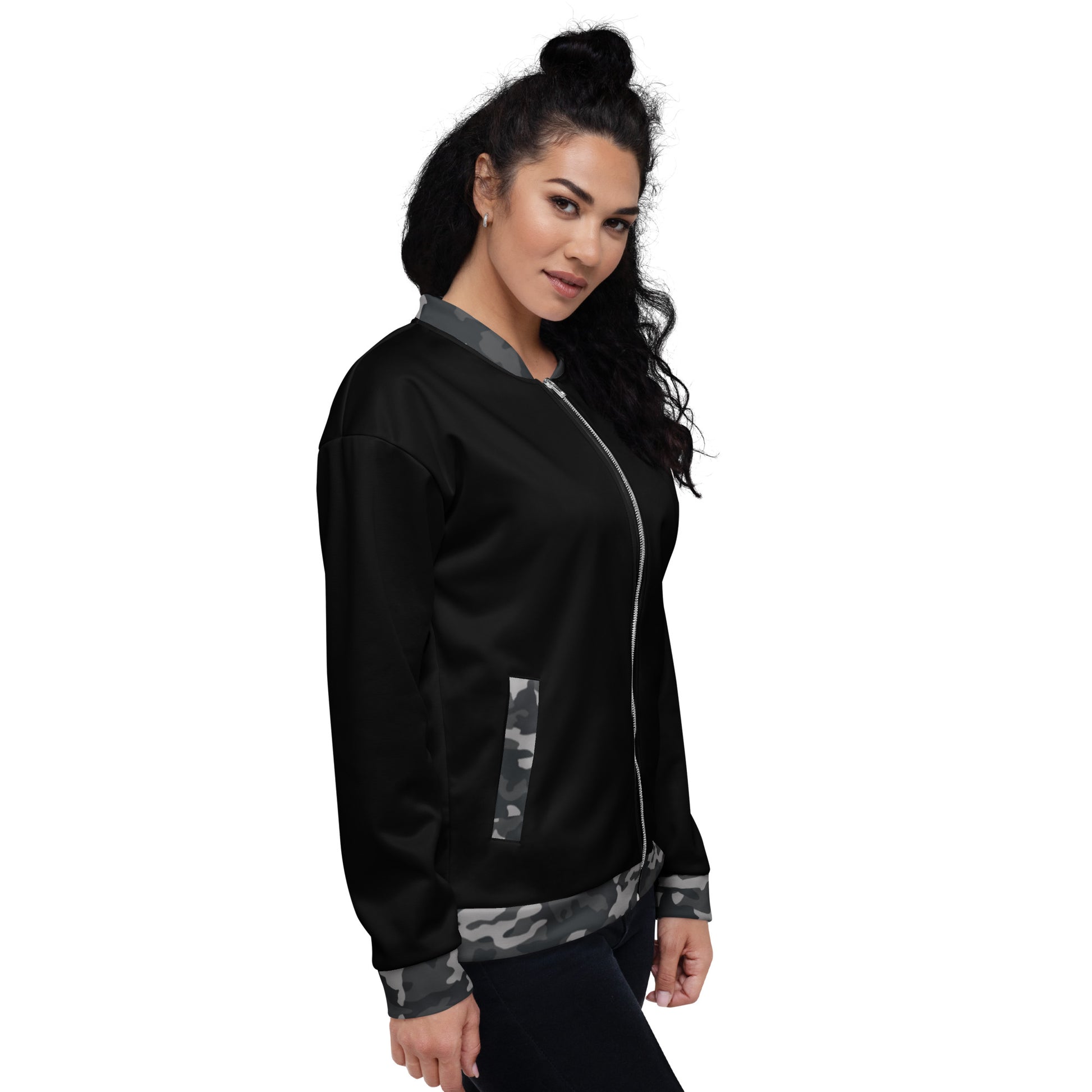 Amp'd Up Custom Bomber Jacket in Black with Camouflage Sleeves and Cuff Details