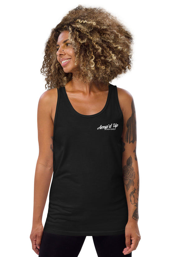 Woman wearing black Amp'd Up Custom Classic Tank Top with small logo on chest and sleeveless design