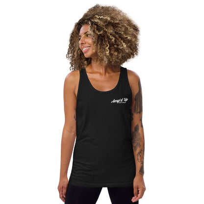 Woman wearing black Amp'd Up Custom Classic Tank Top with small logo on chest and sleeveless design