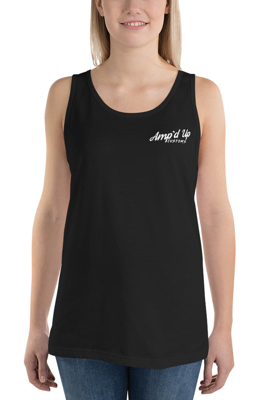 Woman wearing black Amp'd Up Custom Classic Tank Top with small white logo on front