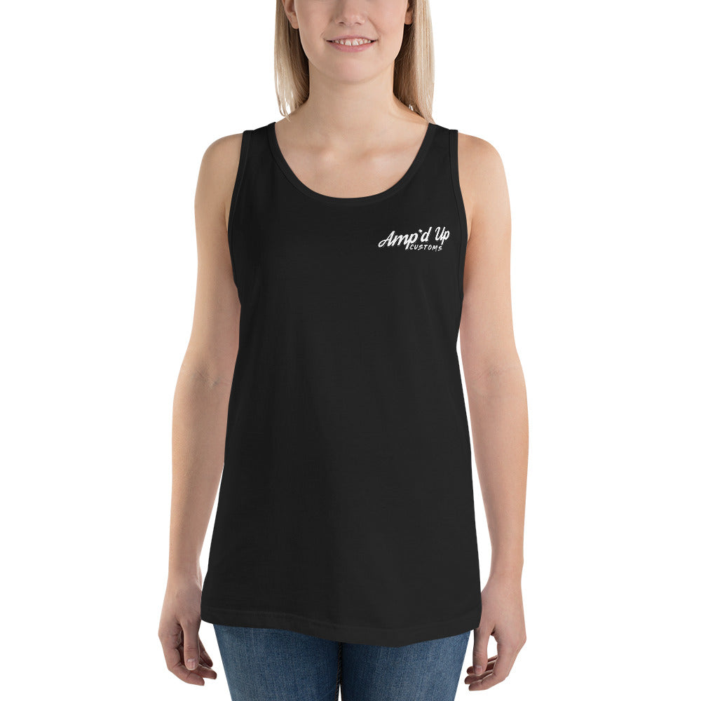 Woman wearing black Amp'd Up Custom Classic Tank Top with small white logo on front
