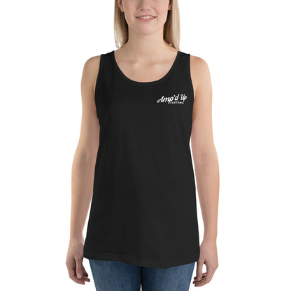 Woman wearing black Amp'd Up Custom Classic Tank Top with small white logo on front