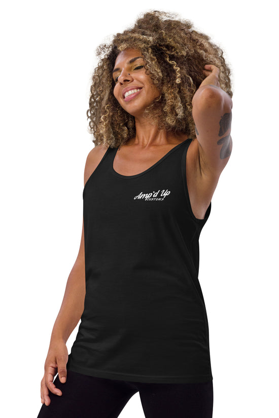 Woman wearing a black Amp'd Up Custom Classic Tank Top with white logo on front