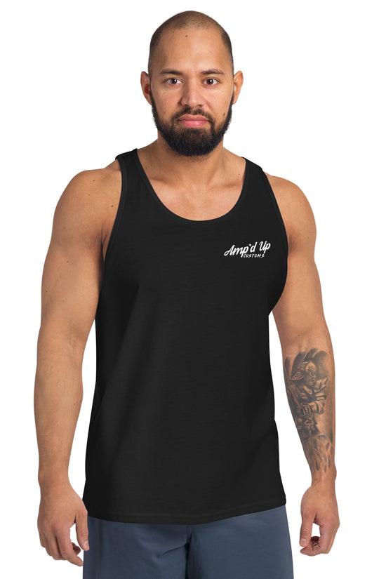 Man wearing a black Amp'd Up Custom Classic Tank Top with white logo on chest and blue shorts