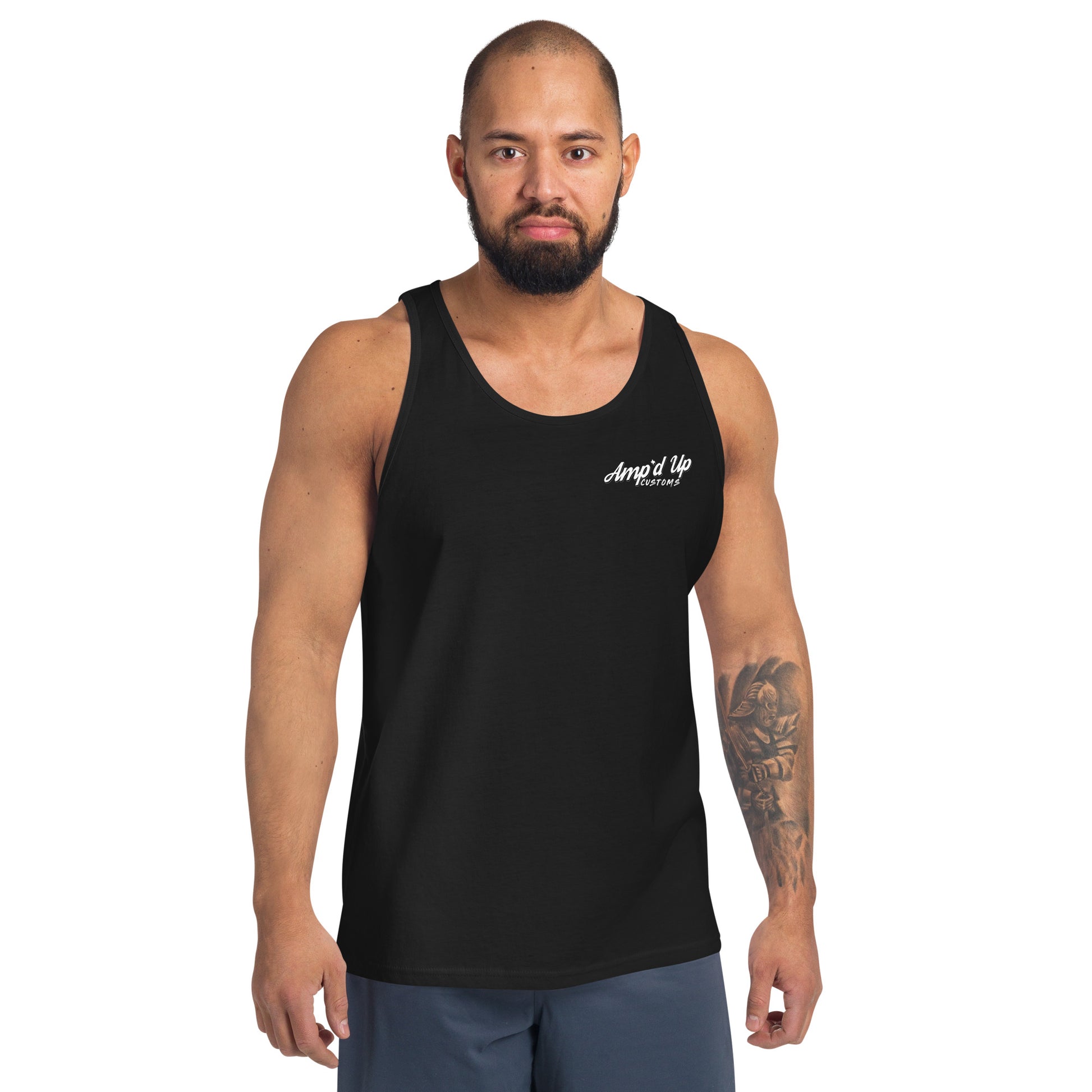Man wearing a black Amp'd Up Custom Classic Tank Top with white logo on chest and blue shorts