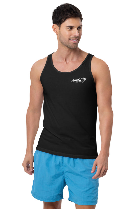 Man wearing black Amp'd Up Custom Classic Tank Top with white logo and blue shorts
