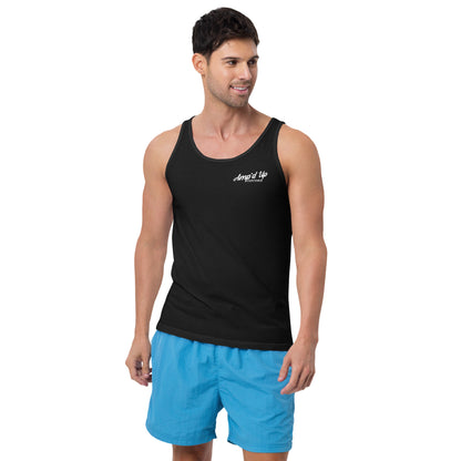Man wearing black Amp'd Up Custom Classic Tank Top with white logo and blue shorts