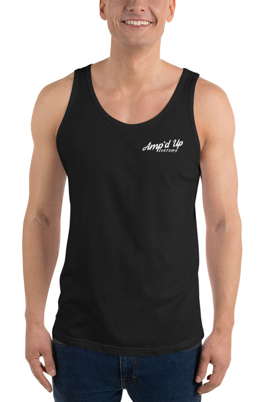 Black Amp'd Up Custom Classic Tank Top worn by smiling male model with sleeveless design