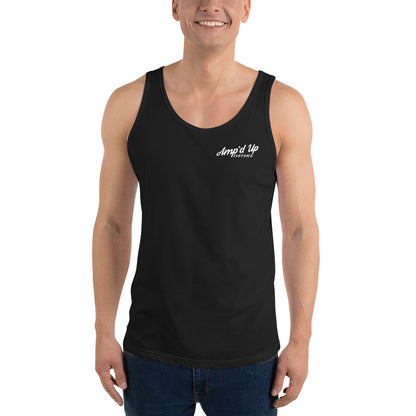 Black Amp'd Up Custom Classic Tank Top worn by smiling male model with sleeveless design
