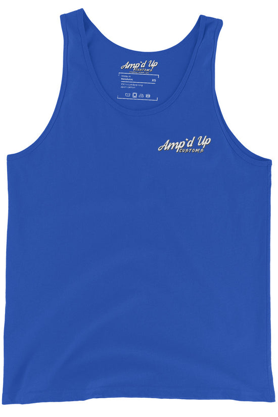 Blue Amp'd Up Custom Classic Tank Top with white logo on chest and sleeveless design
