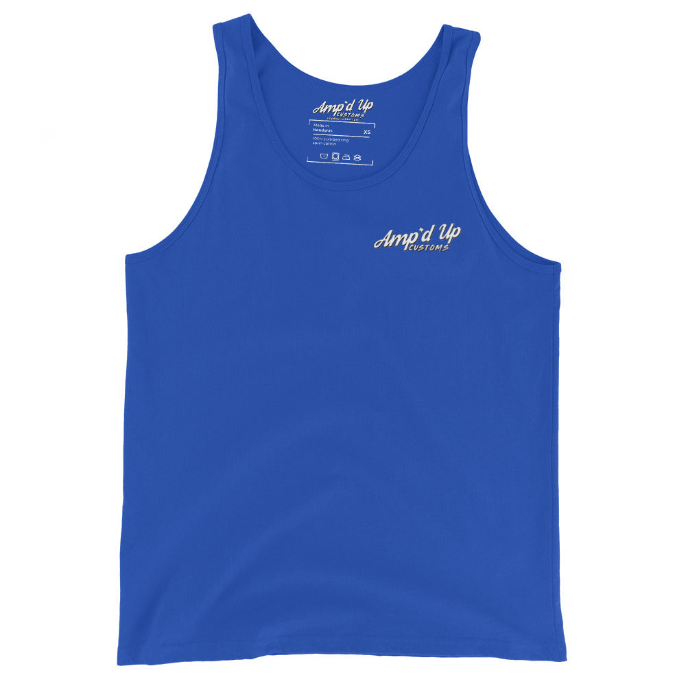 Blue Amp'd Up Custom Classic Tank Top with white logo on chest and sleeveless design