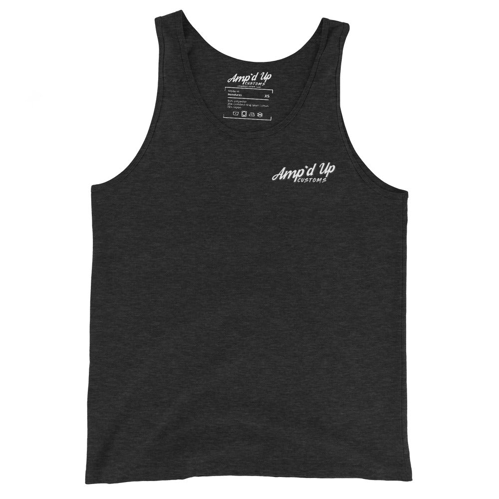 Amp'd Up Custom Classic Tank Top in charcoal gray with logo on chest made from soft fabric