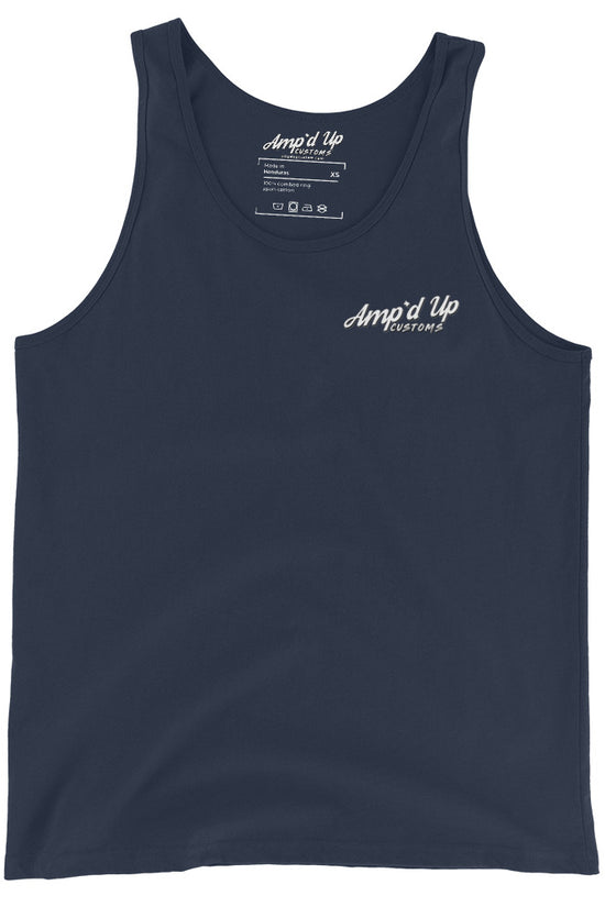 Amp'd Up Custom Classic Tank Top in navy blue with small white logo on chest