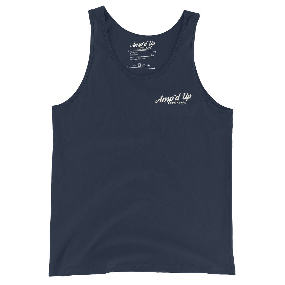 Amp'd Up Custom Classic Tank Top in navy blue with small white logo on chest