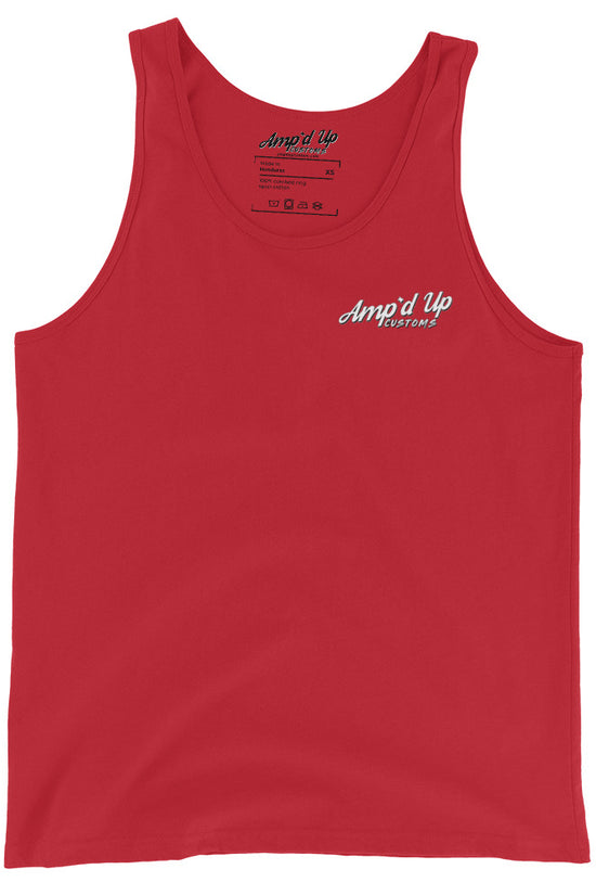 Red Amp'd Up Custom Classic Tank Top with white logo on chest and sleeveless design