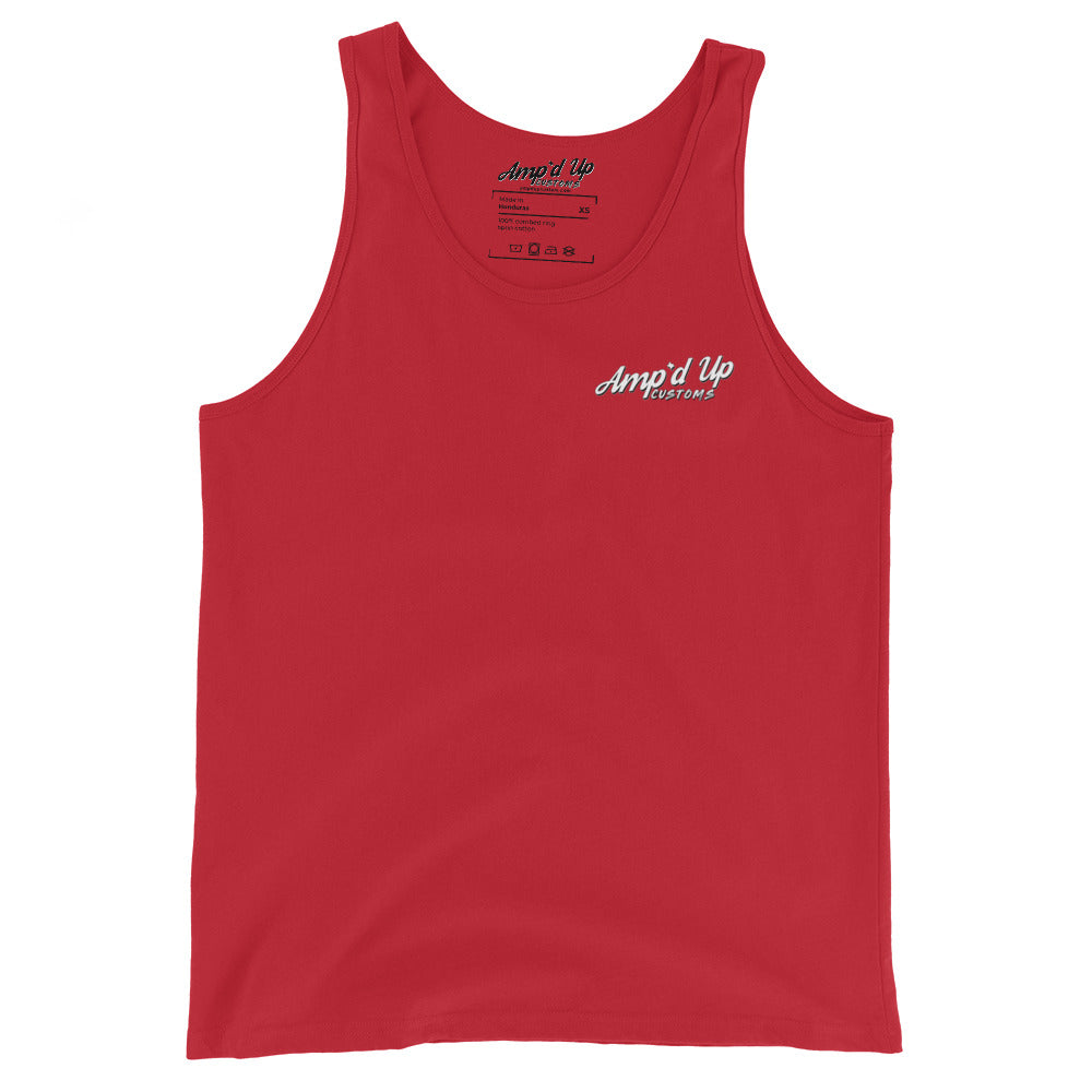 Red Amp'd Up Custom Classic Tank Top with white logo on chest and sleeveless design