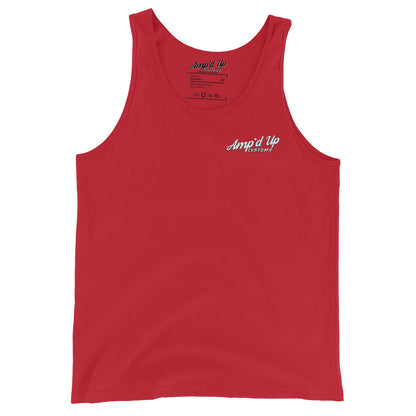 Red Amp'd Up Custom Classic Tank Top with white logo on chest and sleeveless design