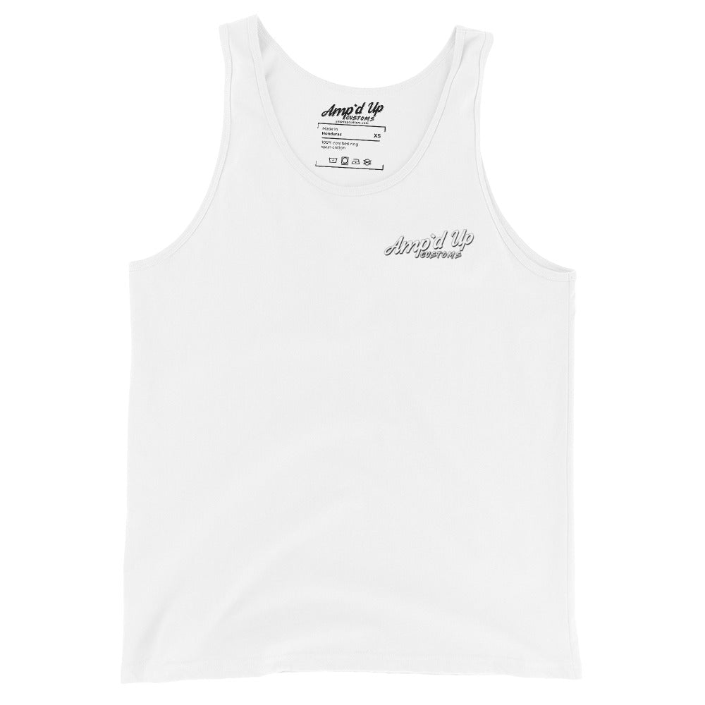 White Amp'd Up Custom Classic Tank Top with logo on chest and sleeveless design