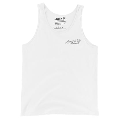 White Amp'd Up Custom Classic Tank Top with logo on chest and sleeveless design