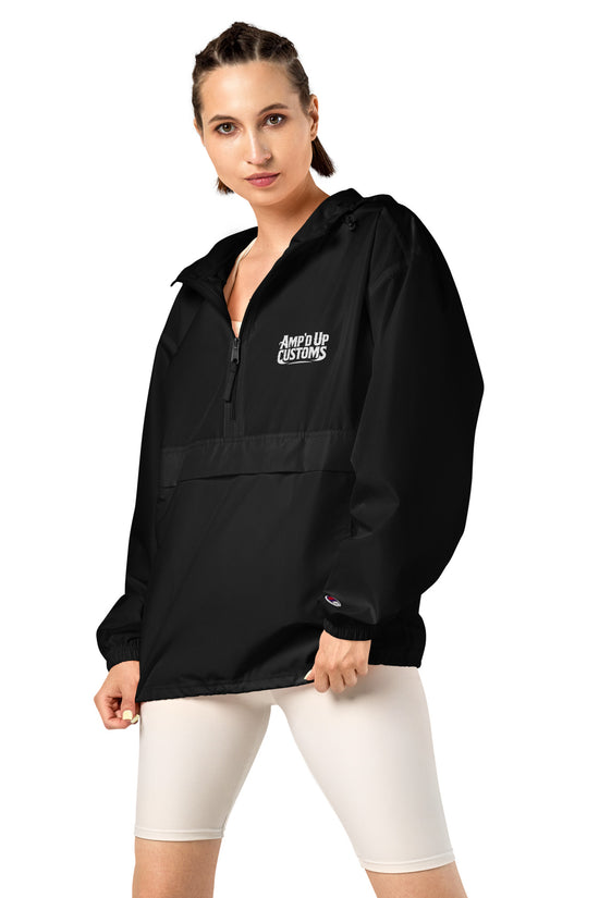 Ampd Up Custom Embroidered Champion Packable Jacket in black, perfect for versatile outdoor wear.