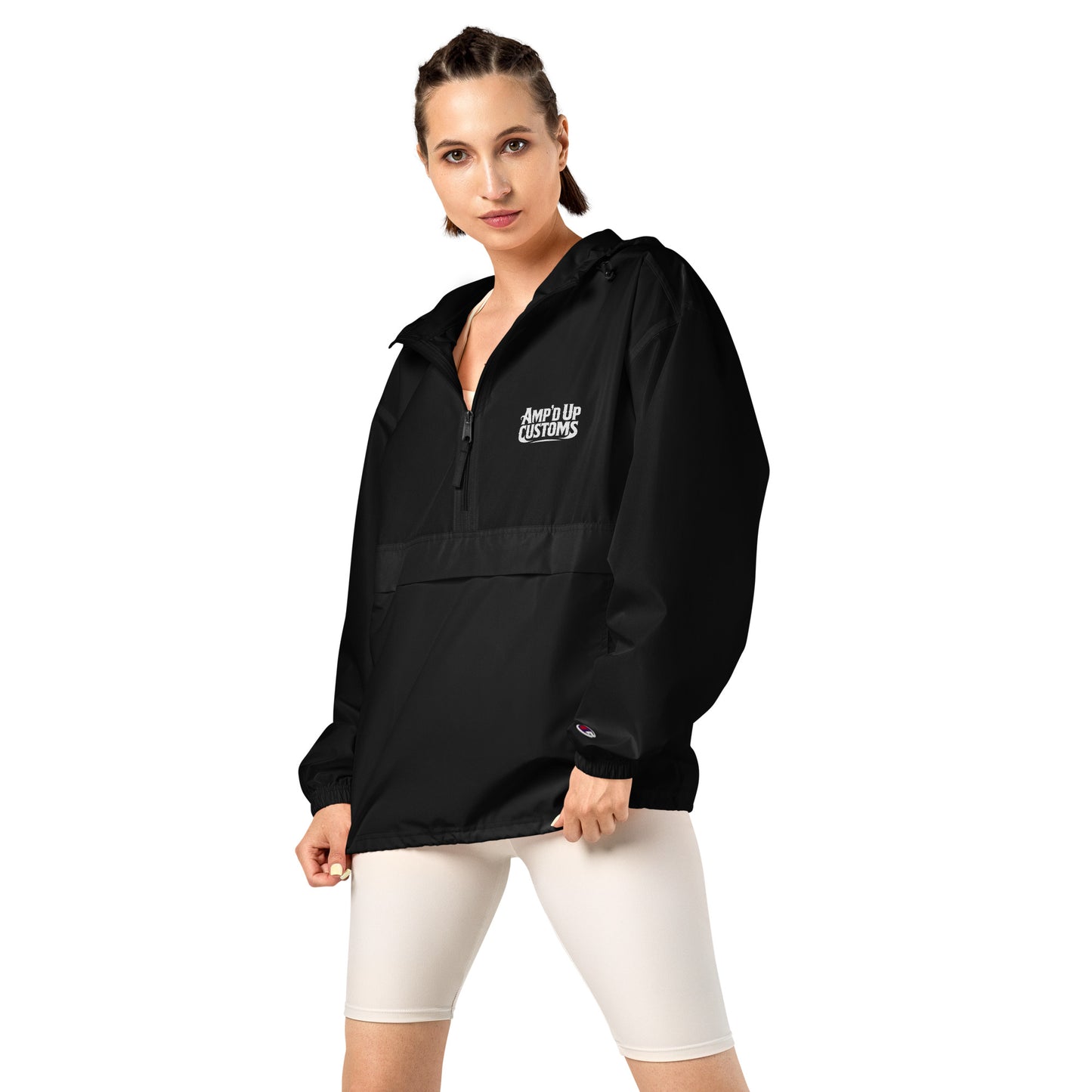 Ampd Up Custom Embroidered Champion Packable Jacket in black, perfect for versatile outdoor wear.