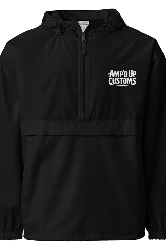 Amp'd Up Custom Embroidered Champion Packable Jacket in black with front pocket and hood