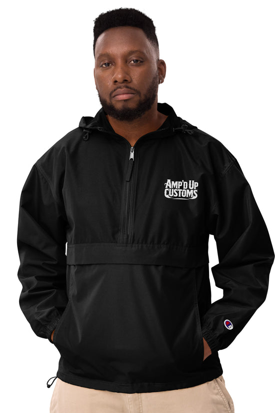 Amp'd Up Custom Embroidered Champion Packable Jacket in Black for Lightweight Weather Protection