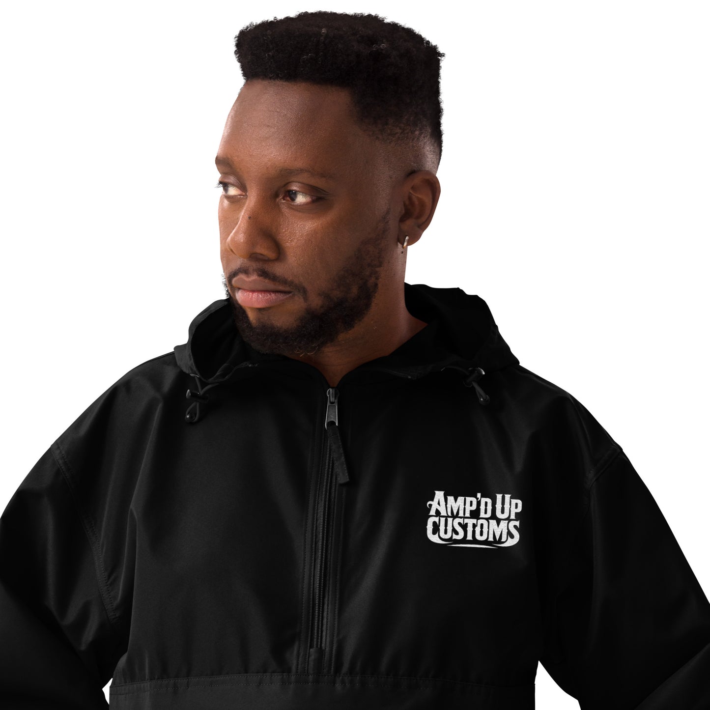 Amp'd Up Custom Embroidered Champion Packable Jacket in black, featuring a stylish hood and logo