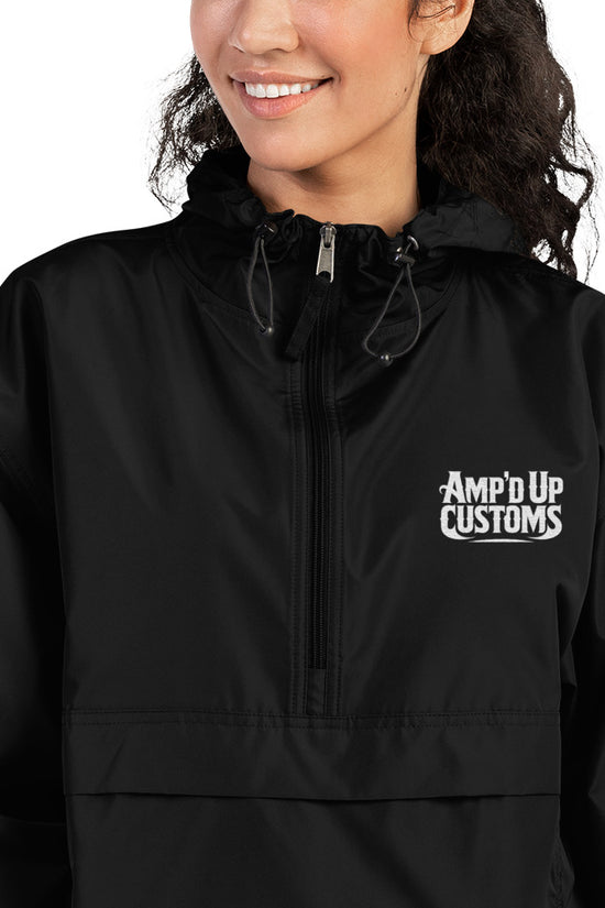 Amp'd Up Custom Embroidered Champion Packable Jacket in black with adjustable hood for stylish outdoor wear