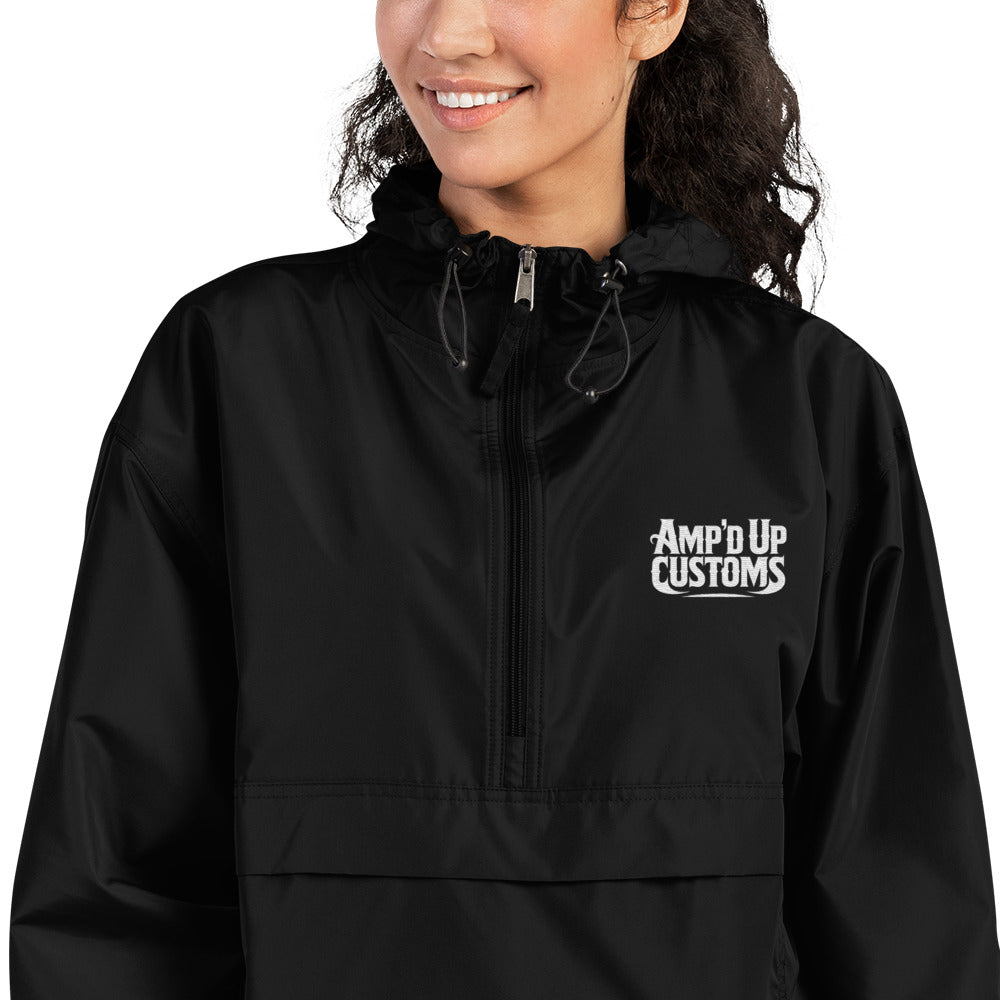 Amp'd Up Custom Embroidered Champion Packable Jacket in black with adjustable hood for stylish outdoor wear