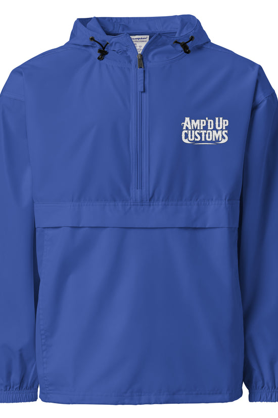 Amp'd Up Custom Embroidered Champion Packable Jacket in vibrant blue with a logo on the front