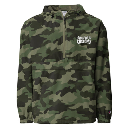 Amp'd Up Custom Embroidered Champion Packable Jacket in camouflage design with logo on chest