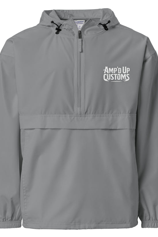 Amp'd Up Custom Embroidered Champion Packable Jacket in Gray with Adjustable Hood and Front Pocket