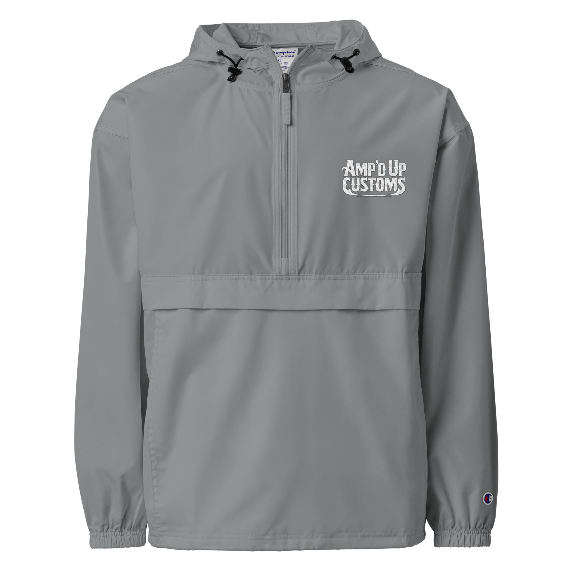 Amp'd Up Custom Embroidered Champion Packable Jacket in Gray with Adjustable Hood and Front Pocket