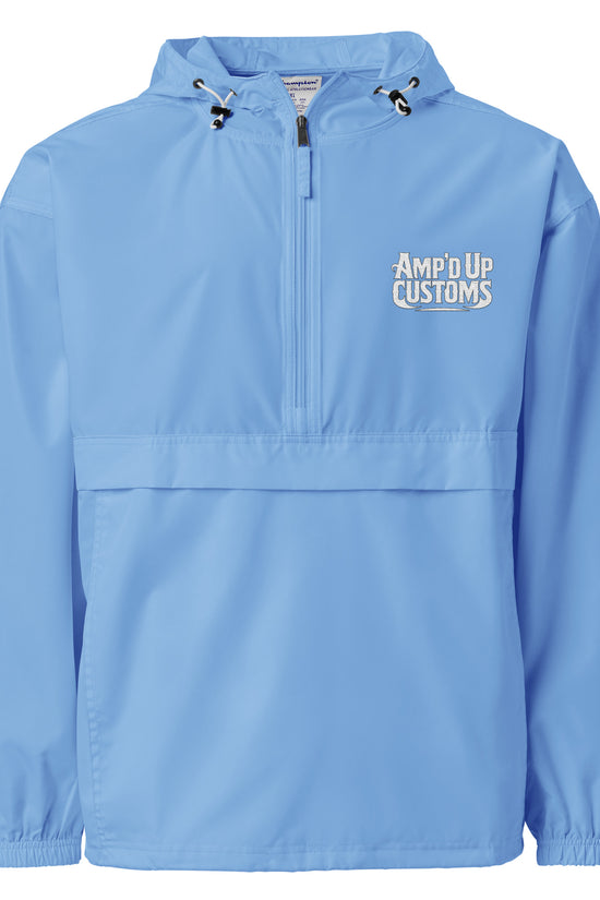 Amp'd Up Custom Embroidered Champion Packable Jacket in light blue with a logo on the front