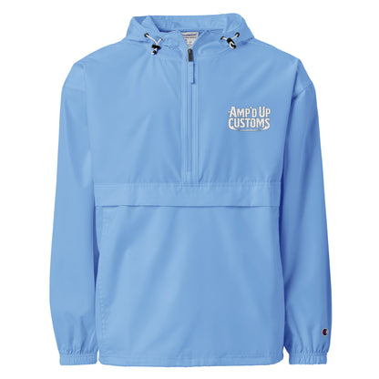 Amp'd Up Custom Embroidered Champion Packable Jacket in light blue with a logo on the front