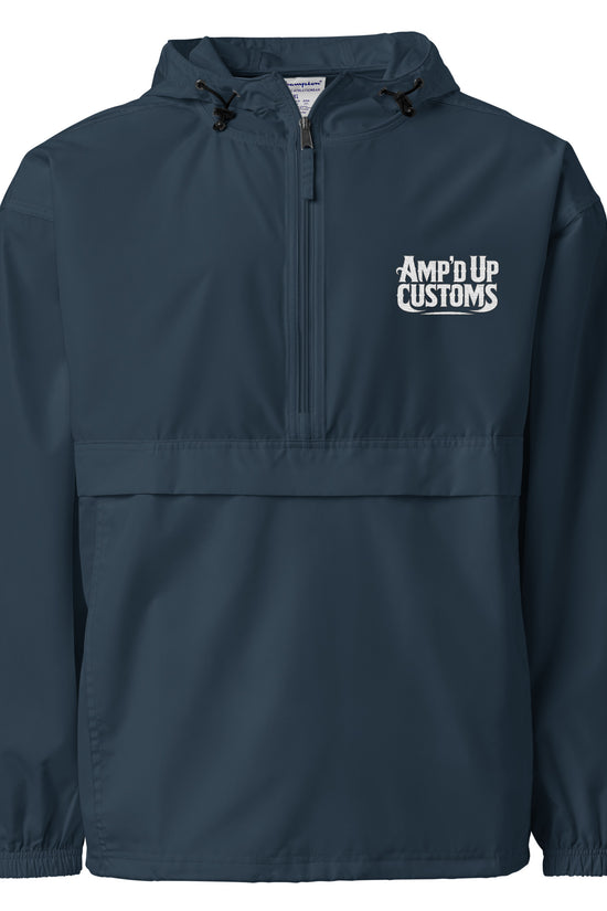 Amp'd Up Custom Embroidered Champion Packable Jacket in Navy with Adjustable Hood and Front Pocket