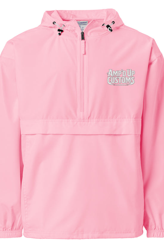 Amp'd Up Custom Embroidered Champion Packable Jacket in vibrant pink with adjustable hood and logo