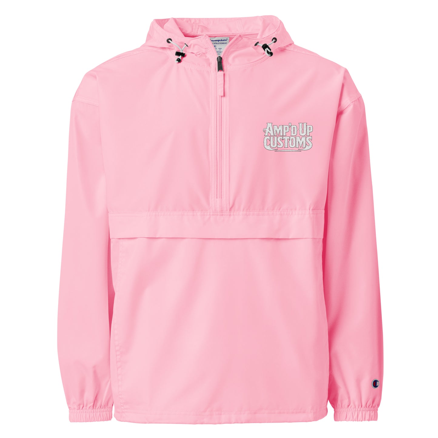 Amp'd Up Custom Embroidered Champion Packable Jacket in vibrant pink with adjustable hood and logo