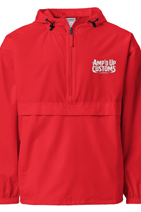 Amp'd Up Custom Embroidered Champion Packable Jacket in red with logo and adjustable features