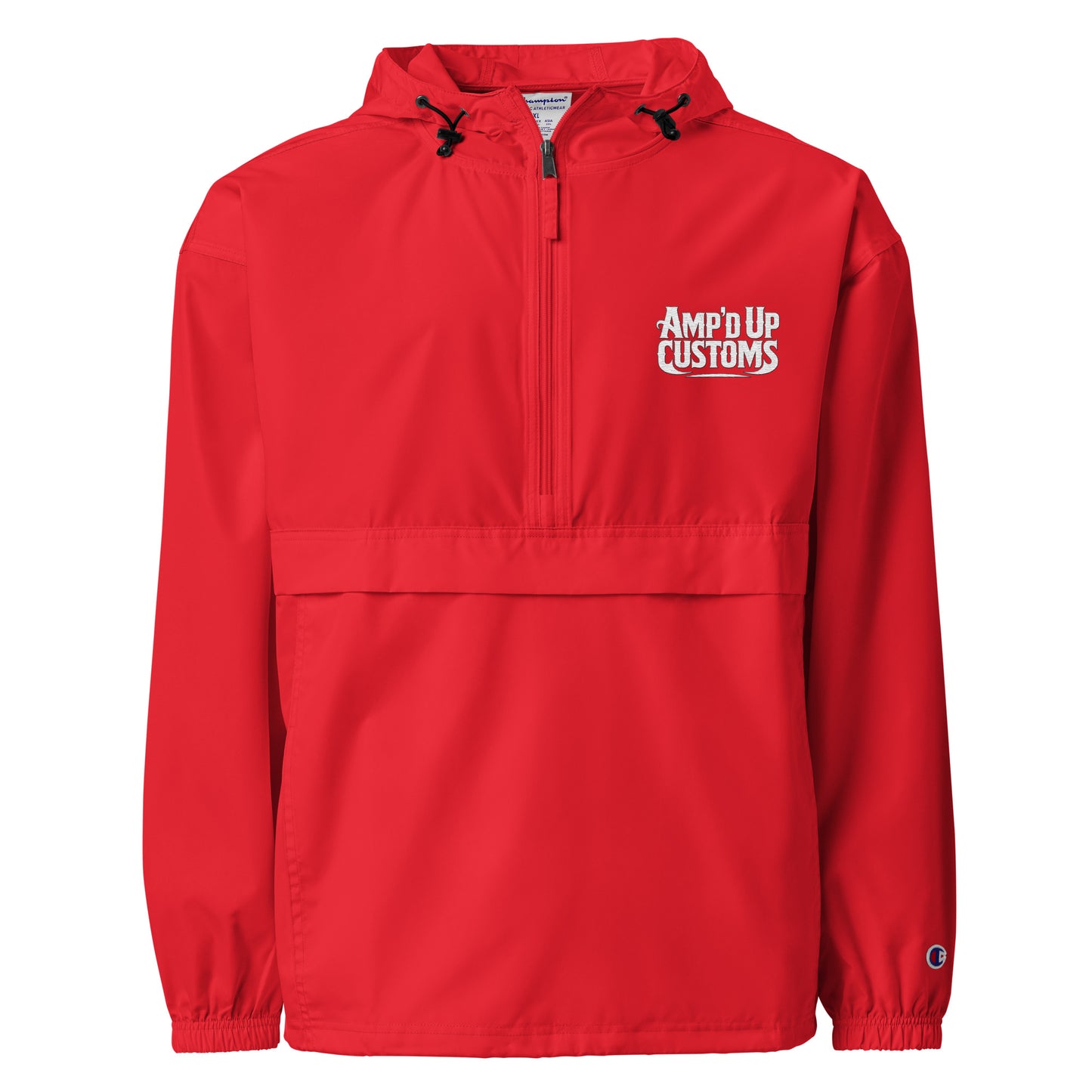 Amp'd Up Custom Embroidered Champion Packable Jacket in red with logo and adjustable features