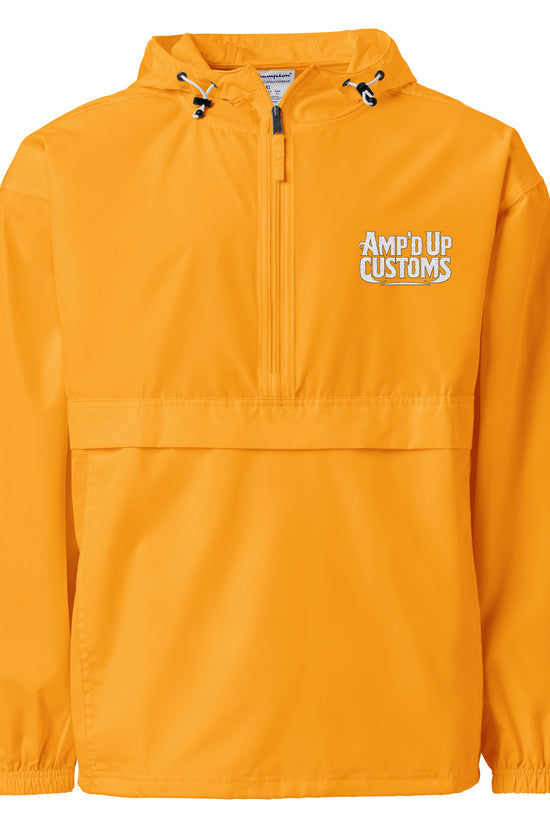 Amp'd Up Custom Embroidered Champion Packable Jacket in bright yellow with logo and adjustable hood