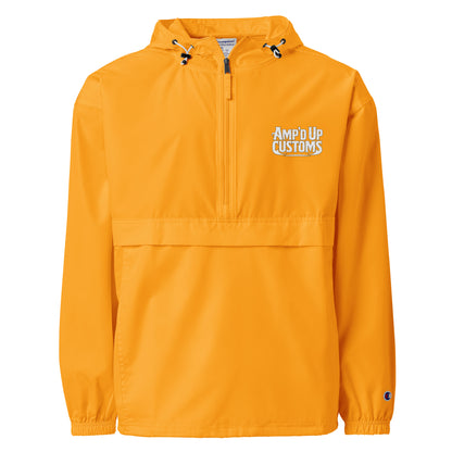 Amp'd Up Custom Embroidered Champion Packable Jacket in bright yellow with logo and adjustable hood