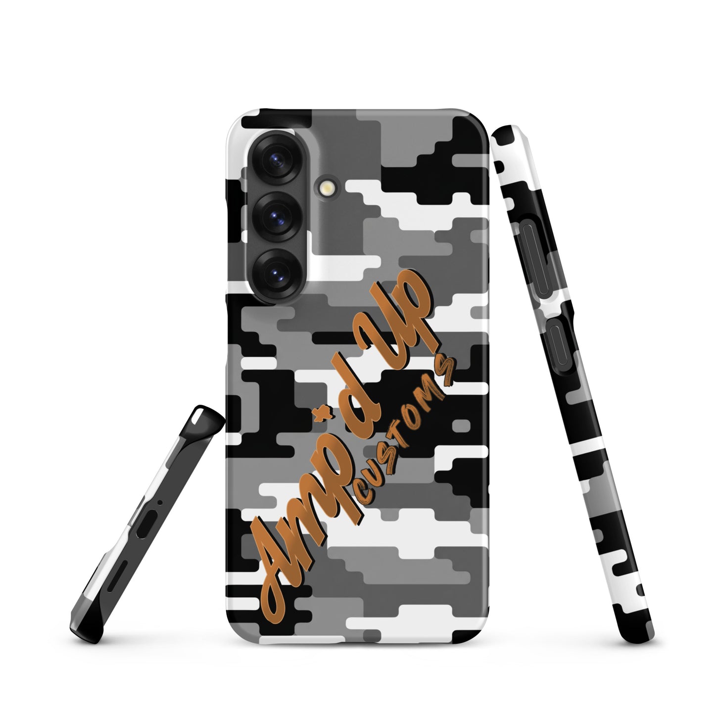 Amp'd Up Custom Gray and Black Digital Camo Snap Case for Samsung Galaxy S25 with sleek design
