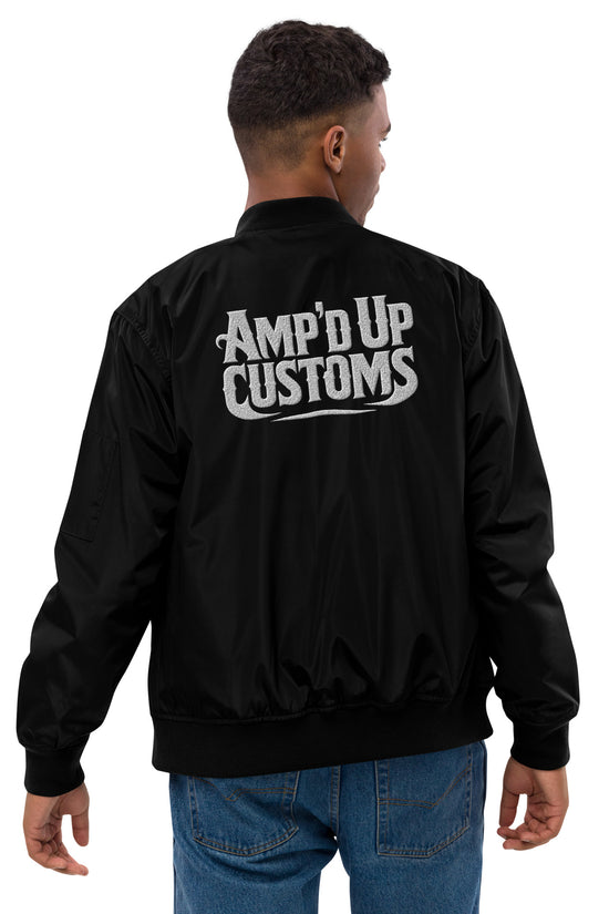 Amp'd Up Custom Premium recycled bomber jacket featuring a bold logo on the back in black