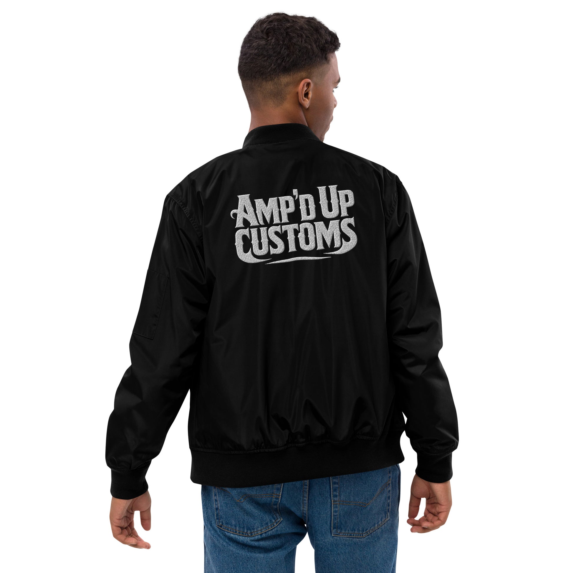 Amp'd Up Custom Premium recycled bomber jacket featuring a bold logo on the back in black