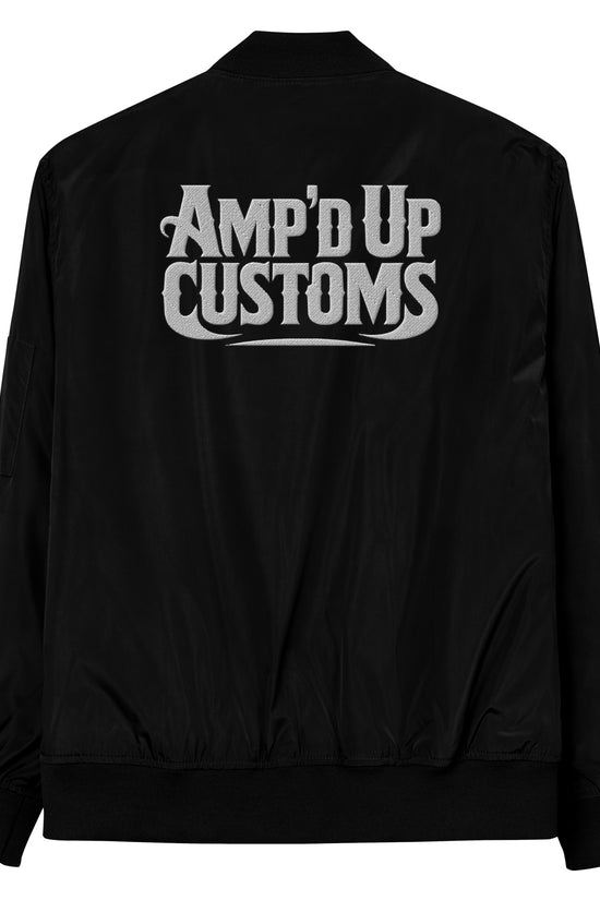Ampd Up Custom Premium recycled bomber jacket in black with large logo on the back